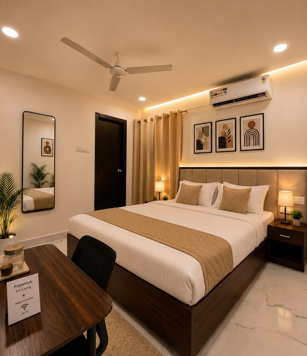 Furnished bedroom at Prime Hub Premium Coliving in Kondapur